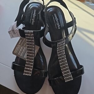 Comfort Plus by Predictions Shiny Black Sandals with Rhinestones